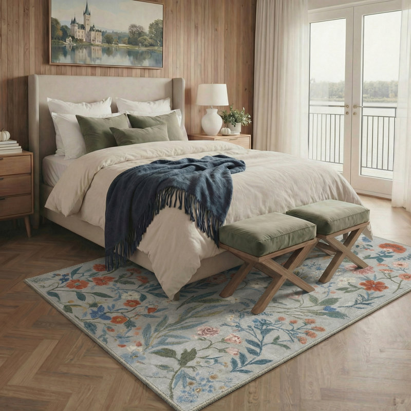 Eden Floral Machine Washable Floral / Blush Pink Indoor Runner Rug With Non-Slip Backing, Rectangle 8' x 10', Gray/Blue
