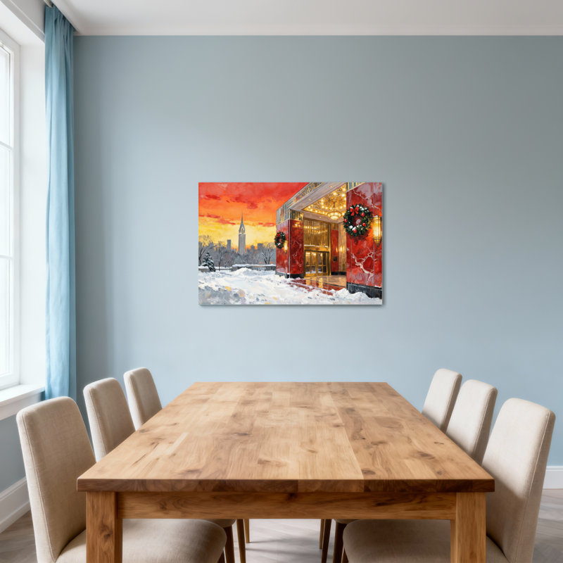 Paysage de Noël d'hiver avec une entrée en marbre rouge et des couronnes de Noël, H 16 po x l 24 po