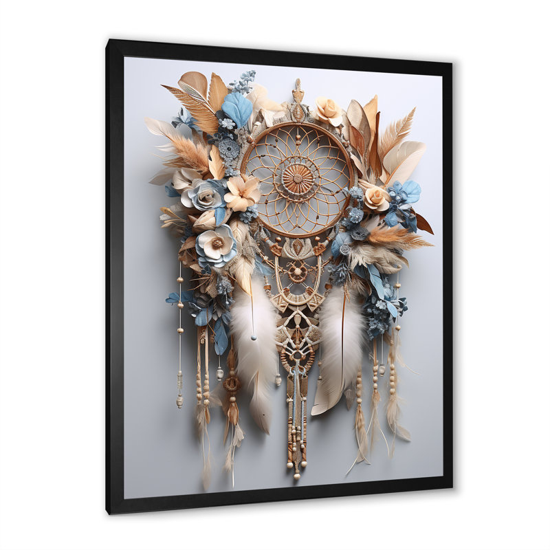 «Beige et bleu» Dreamcatcher Serenity - reproduction d'art sur toile, Cadre simple noir, H 32 po x l 16 po x P 1 po