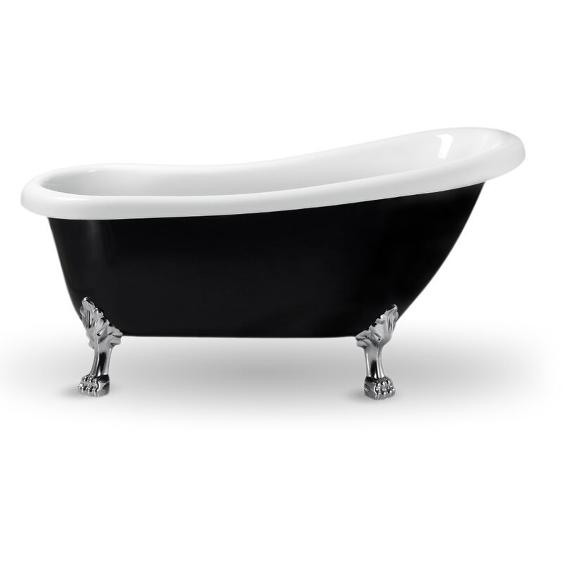 61" Streamline Clawfoot Soaking Acrylic Bathtub and Bamboo Tray, Polished Chrome, Polished Chrome