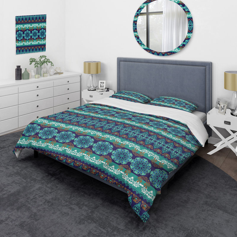 Motif à rayures bleues et brunes - Ensemble de housse de couette abstrait - Microfibre de polyester
