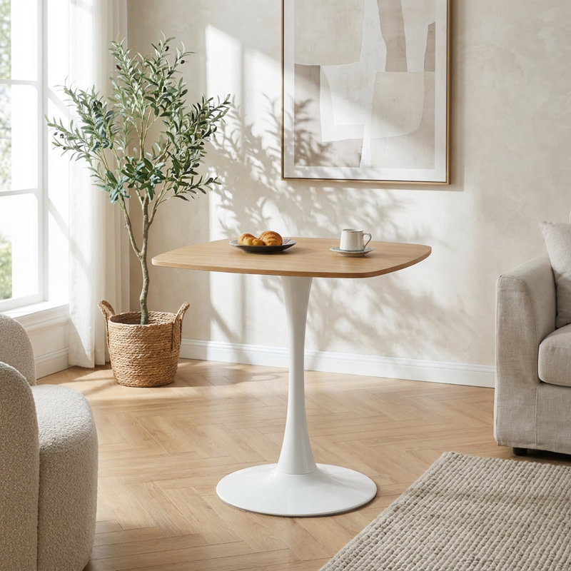Stylish Modern Dining Table with Pedestal Base, 28.94"H x 31.5"L x 31.5"W, Oak, White