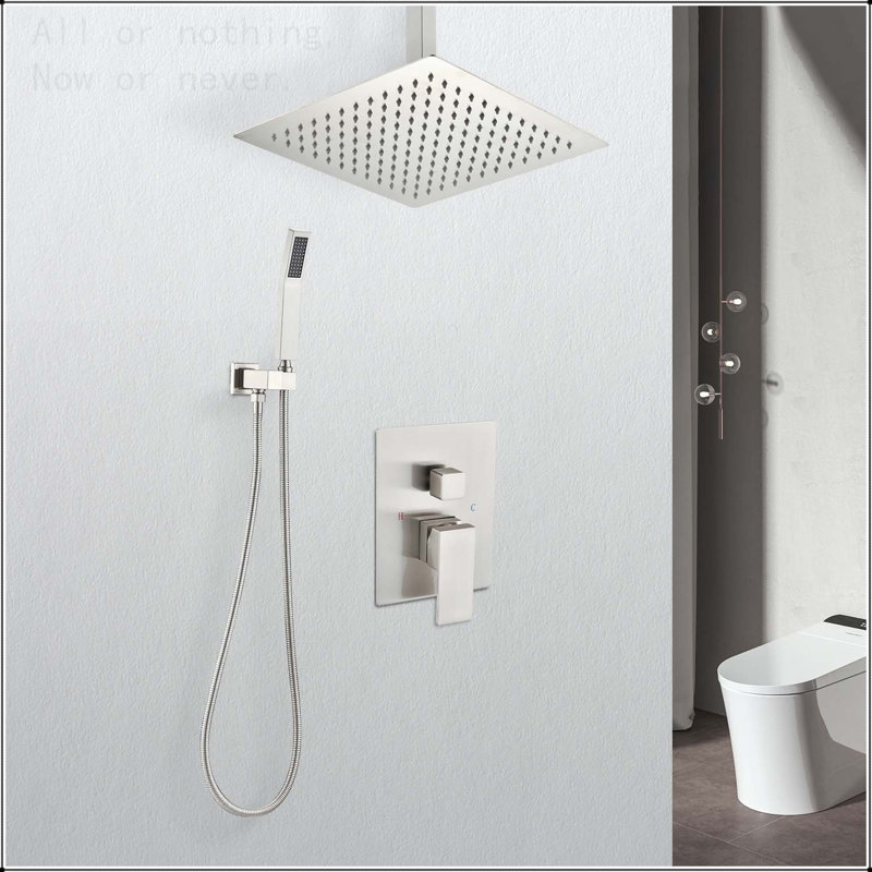 Système de douche de pluie de plafond de 12 pouces avec nickel brossé portatif, Nickel brossé