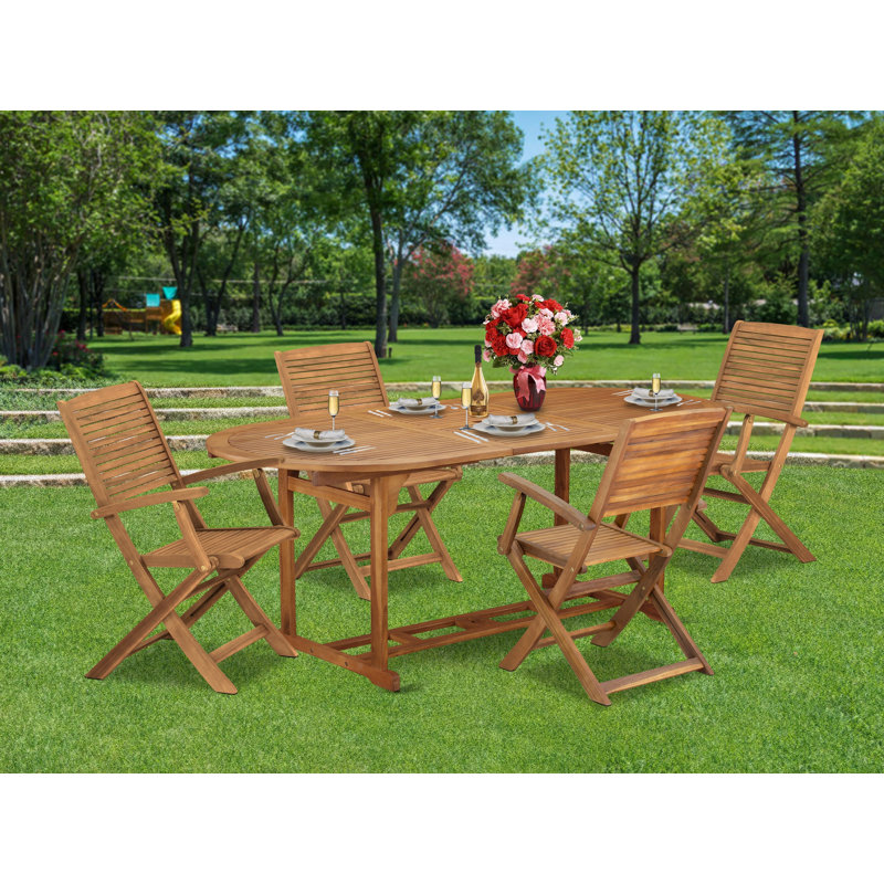Les ensembles de salle à manger d'extérieur 5 pièces comprennent une table ovale en bois d'acacia et 4 chaises pliantes à accoudoirs, huile naturelle