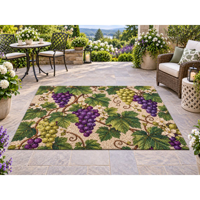 5' x 7' Outdoor Area Rug Grape Vine Fruit Botanical Heavyweight Waterproof PVC Coil Loop Carpet, Heavy Duty Patio Rug, Quick Dry Indoor Outdoor Mat for Porch Deck Balcony Entryway RV Camping