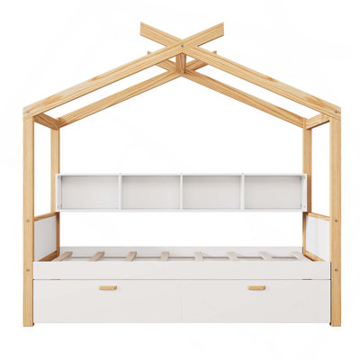Wooden Frame House Bed With 2 Storage Drawerss Trundle And Bookshelf Storage Space For Children Or Guest Room