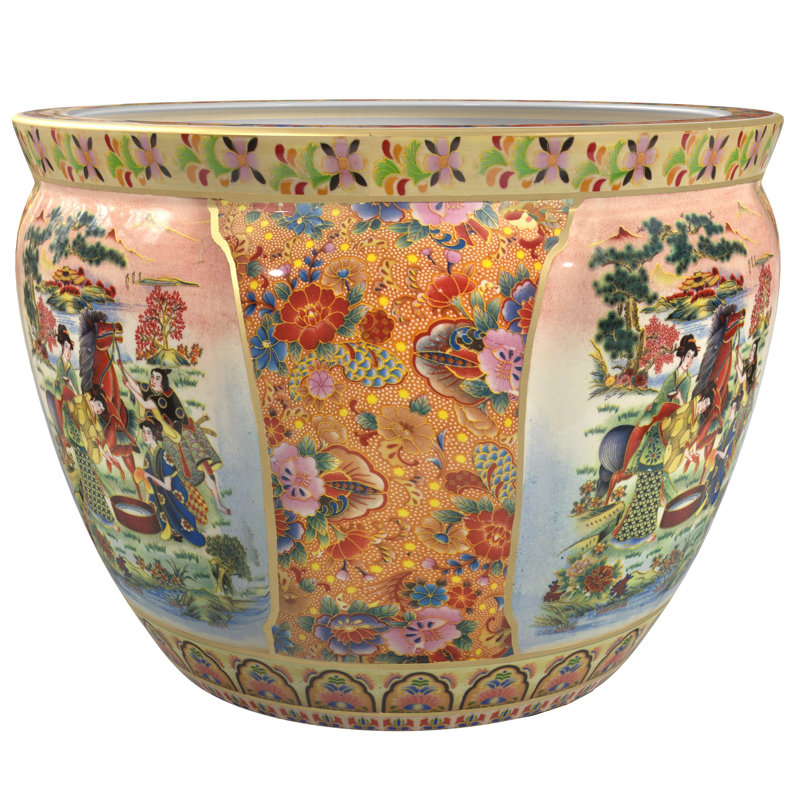Satsuma Garden & Peacock Porcelain Fishbowl, Horse in Meadow, 13.5" H x 18" W x 18" D