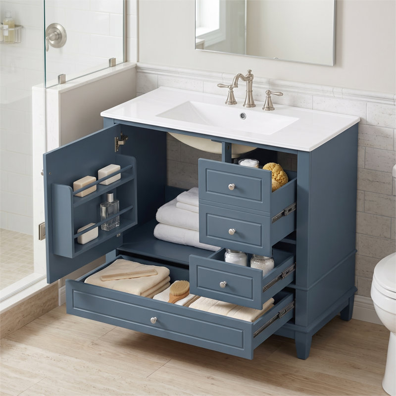 Meuble-lavabo sur pied 36 po en bois massif et panneau de fibres à densité moyenne de couleur gris-bleu avec lavabo et rangement en céramique