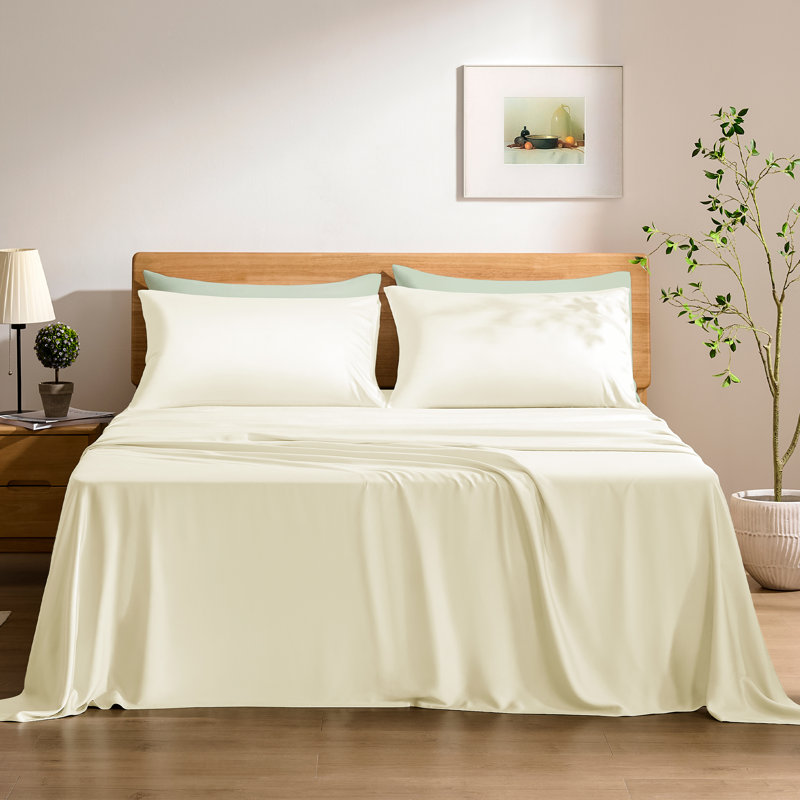 TOSMO Bamboo Viscose Sheets, California King Sheet Set with 2 Pillowcases, Vanilla Yellow