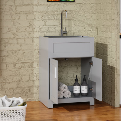 Évier utilitaire et armoire tout-en-un, 24 po, armoire à lessive avec évier en acier inoxydable, robinet en acier inoxydable, portes de style Shaker pour salle de lavage, garage, vestibule