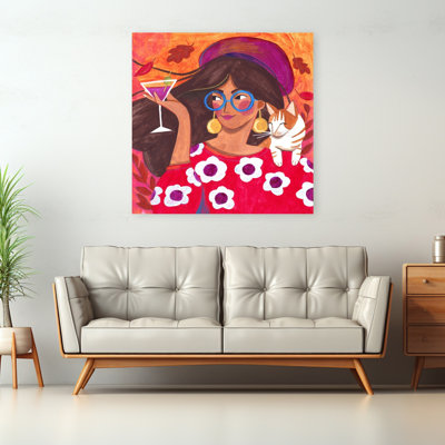 Portrait d'automne moderne d'une femme avec un chat, portrait de chat coloré contemporain, affiche murale d'été