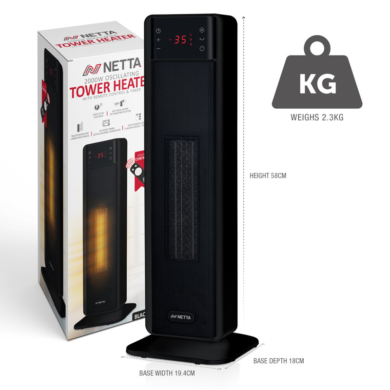 Netta 2000w Tower Heater With Thermostat And Remote Control, Black