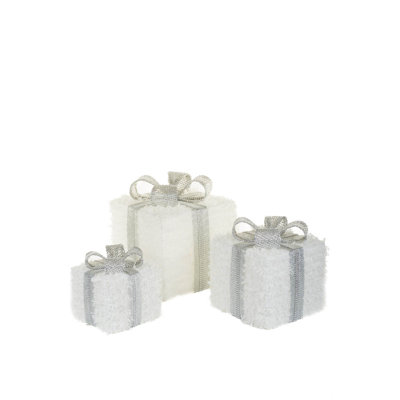 Set of 3 White Fabric Gift Boxes Warm White LED Accent