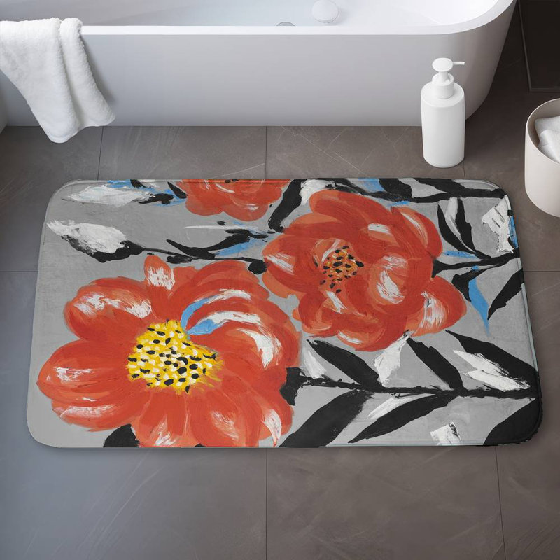 Pink flowers with blue leaves Bath Mat with Non-Slip Backing - Quick Dry Memory Foam Bathroom Rug - Absorbent - Modern Plush Spa-Style - Machine Washable