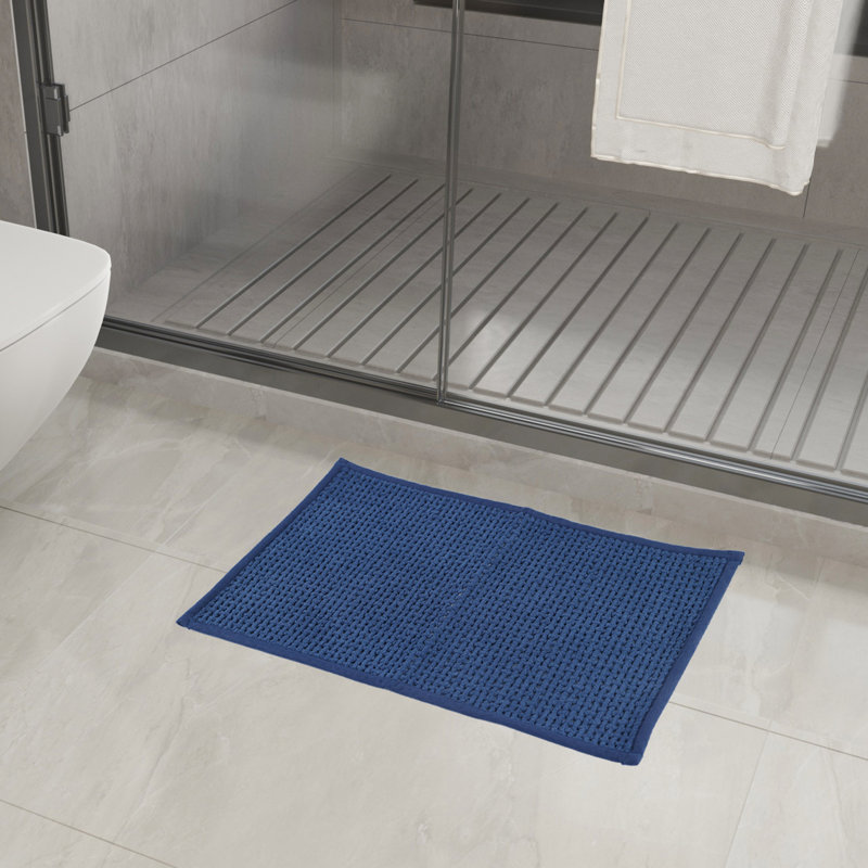 15.75 In. X 23.62 In. Chenille Bath Rug Mat, Non Slip, Soft And Highly Absorbent Microfiber Mats For Bathroom, Dark Blue