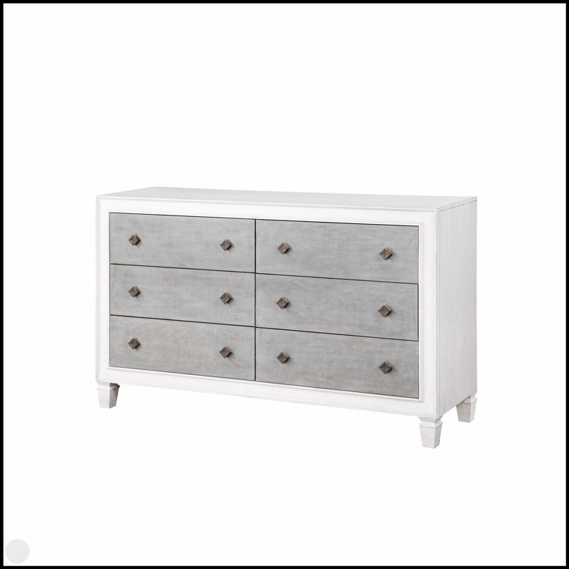 Commode Katia au fini rustique gris et blanc vieilli avec tiroirs pleine extension et fabrication durable