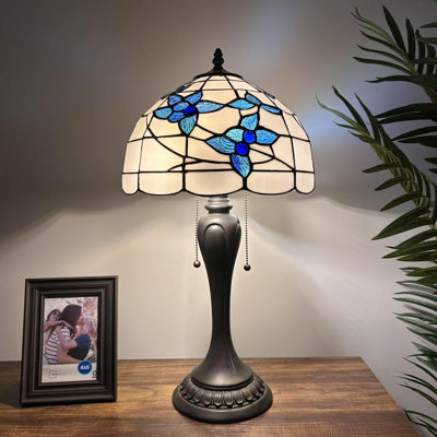 Tiffany Table Lamp White Stained Glass Blue Flowers LED Bulbs Included 12"W*12"D*22"H
