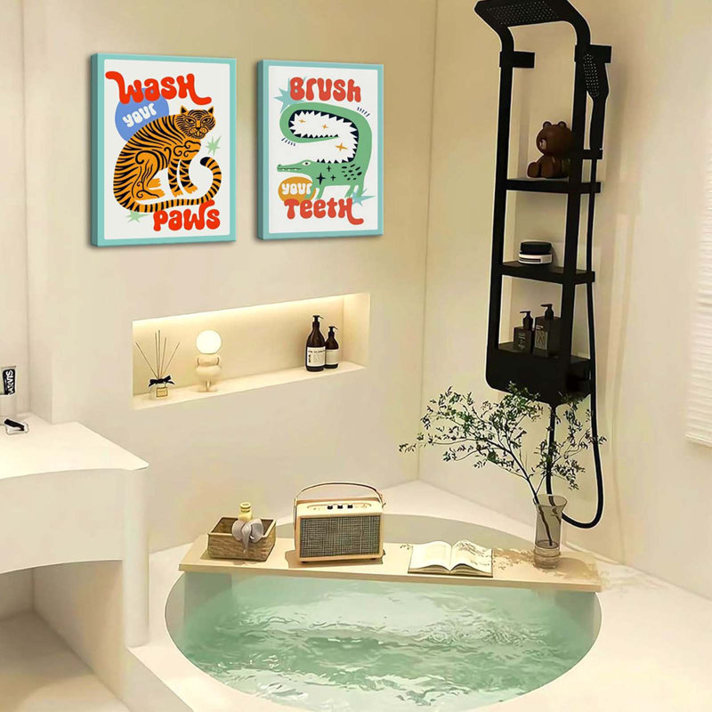Funny Kids Bathroom Wall Art, Cute Animal Bathroom Wall Decor Paintings, Eclectic Tiger Wash Your Paws Sign Poster Canvas Prints For Toilet Restroom Framed Inch