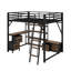 Lit mezzanine double avec bureau et lumière, lit mezzanine en métal avec tablettes de rangement, garde-robe et tiroirs-394762946