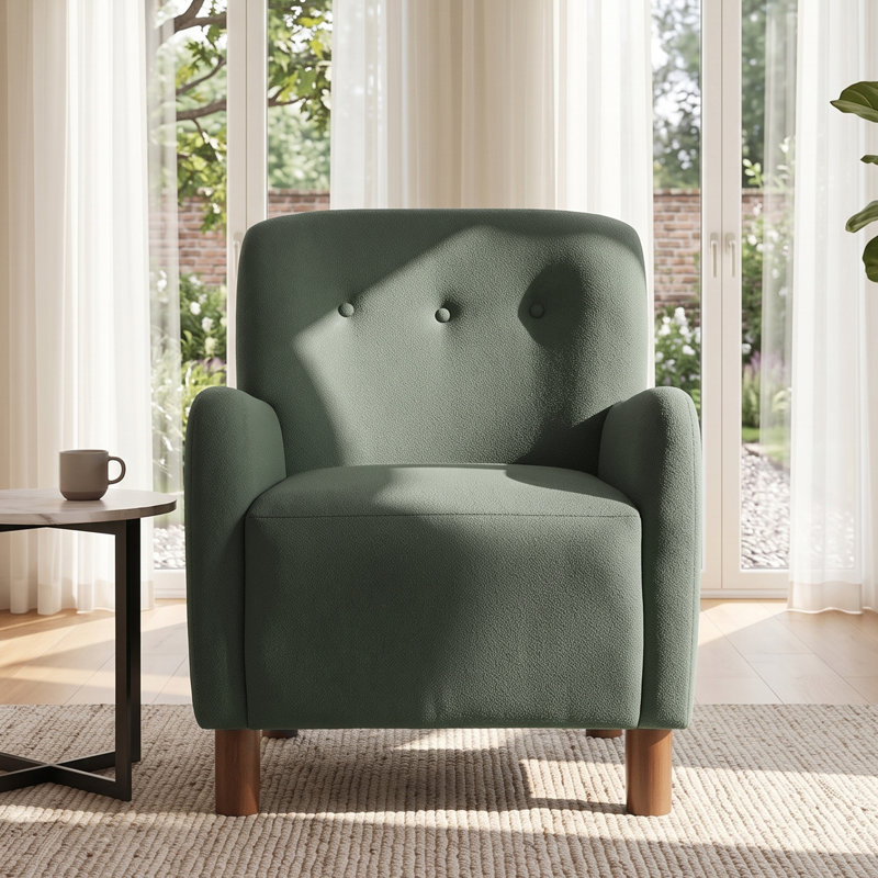 Fauteuil d'appoint rembourré avec capitonnage à boutons et base en bois massif pour salon ou chambre à coucher, Vert
