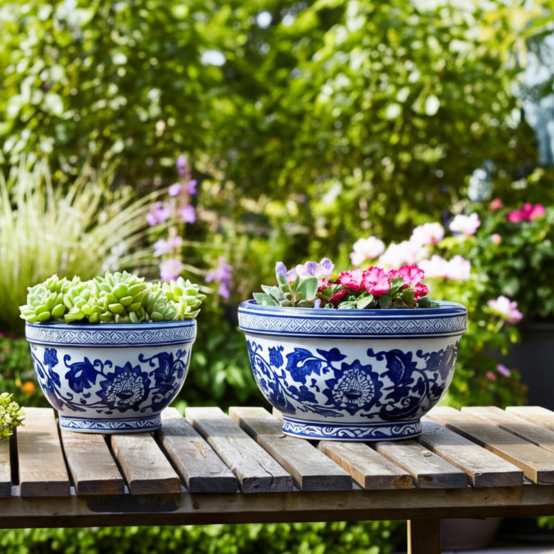 Decorative Stoneware Ceramic Planters With Timeless Garden Accent Design, Durable Artisan Craft For Stylish Display, Versatile Contemporary Plant Containers, Set Of 2