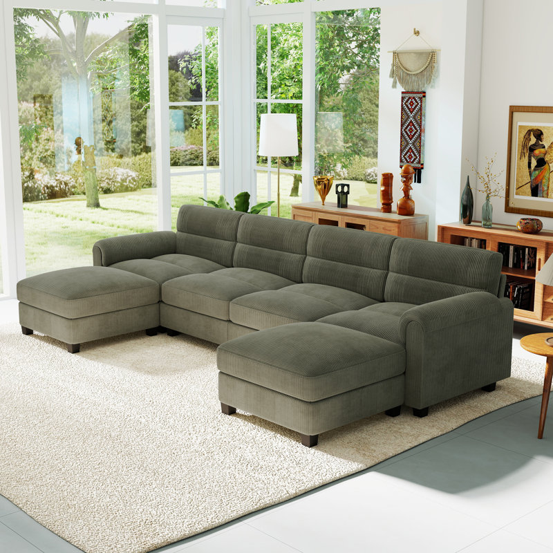 Canapé modulaire rembourré en velours côtelé 6 pièces Dona, 2 repose-pieds, accoudoir à plateau-coussin, Velours côtelé vert