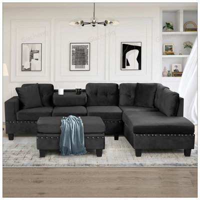 105inch Modern Sectional Sofa with Storage Ottoman, L-Shape Couch with 2 Pillows and Cup Holders, Reversible Chaise for Living Room