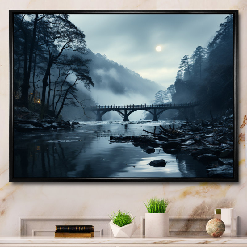 Blue Bridge In Silence II - Architecture Wall Art Living Room, H 12 po x l 20 po x P 1 po, Cadre flottant noir
