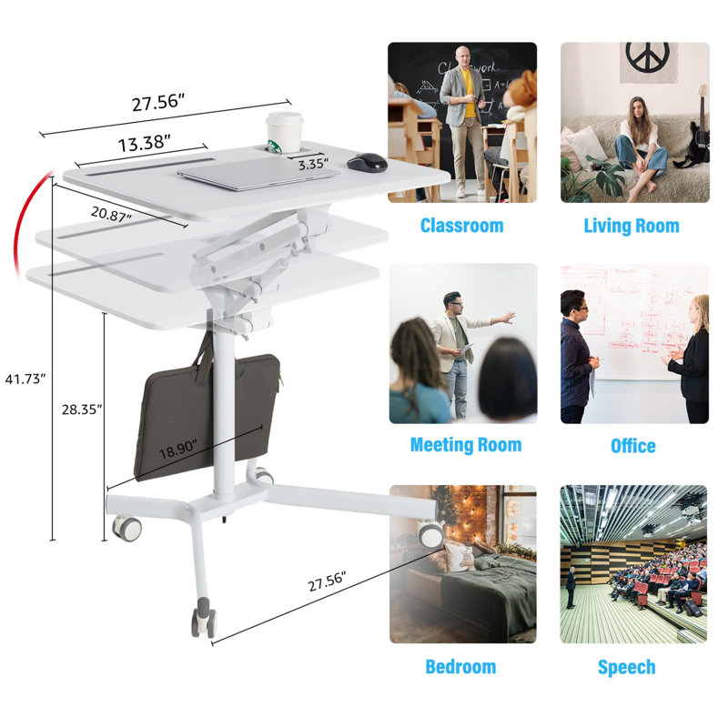 Mobile Sit Stand Desk - Height Adjustable Standing Laptop Desk Cart Rolling Couch Table On Wheels White Workstation With Gas Spring Riser For Home Office Classroom