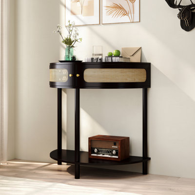 Unique Half Moon Design End Table, With Sliding Rattan Door Elegant Semi-Circle Entryway Console Table With 2 Rattan Storage Cabinet And Bottom Shelf For Living Room, Bedroom, Study, Hallway