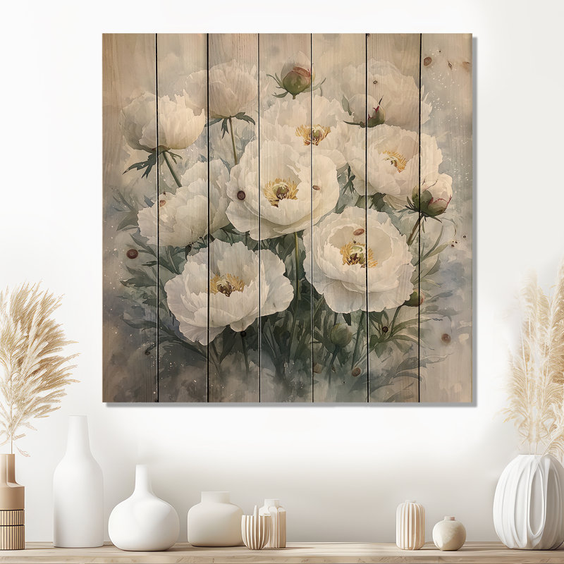 Winter Morning Peonies Embrace - Peonies Wood Print - On Natural Pine Wood, 30" H x 30" W x 0.78" D