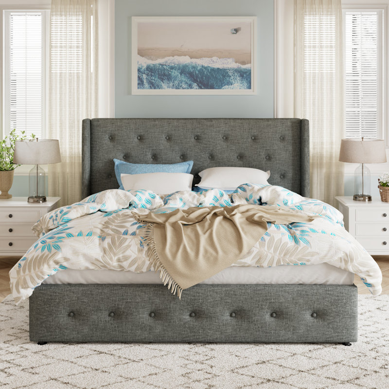 Bertile Linen Tufted Upholstered Storage Platform Bed,No Box Spring Needed,Spacious Storage Space, Full/Double, Dark Gray