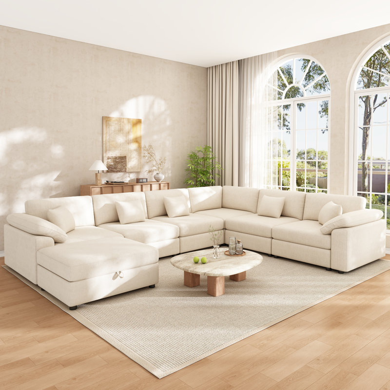 Canapé modulaire en chenille 7 pièces avec assise profonde et repose-pieds amovible 7 pièces, Beige