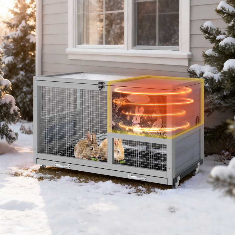 Cage à lapin isolé en bois avec couche chaude en feuille d'aluminium, clapier résistant aux intempéries avec roulettes