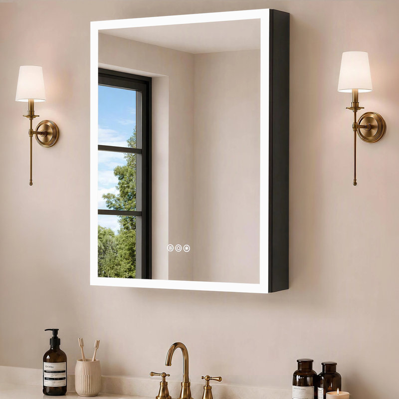 Armoire à pharmacie en aluminium de 61 cm (L) x 76 cm (H) avec miroir, éclairage DEL, traitement antibuée, éclairage 3 couleurs à intensité variable, grand espace de rangement, étagères en verre réglables, port USB et prise homologuée UL, montage encastré ou en saillie