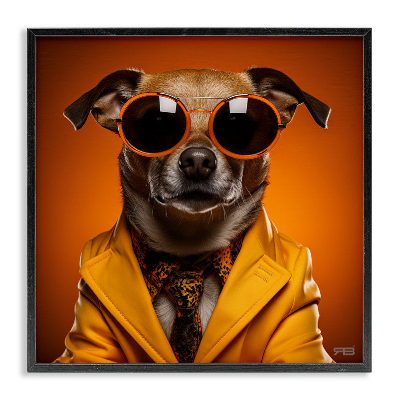 «Trendy Dog Yellow», estampe numérique par Roozbeh Bahramali, Giclée encadrée noir minuit, H 12 po x l 12 po