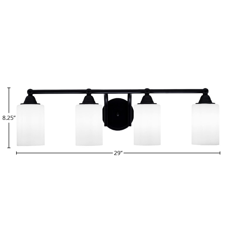 Barre d'éclairage de salle de bain 4 lumières Paramount avec fini noir mat et verre mousseline blanc 4 po