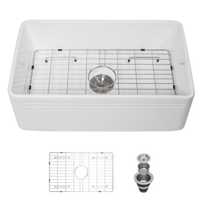 White Ceramic 30 Inch Reversible Apron - Front Single Bowl Kitchen Sink, High Strength Build, 304 Stainless Steel Dish Grid And Basket Strainer, Stain Finish