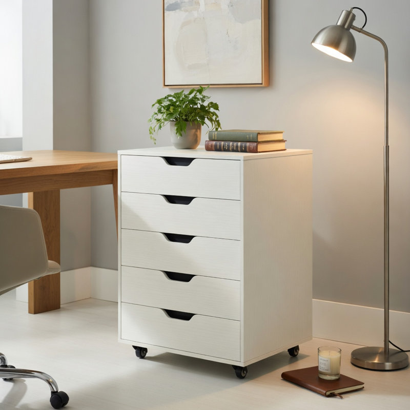  Classeur mobile à 5 tiroirs avec roulettes verrouillables, armoire de rangement compacte pour salon, bureau à domicile et bureau, blanc
