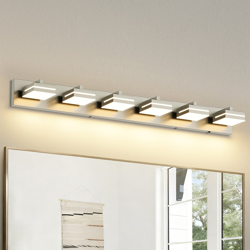 Luminaire de salle de bain moderne à DEL à intensité variable sur miroir 5CCT, Nickel brossé, Six lumières