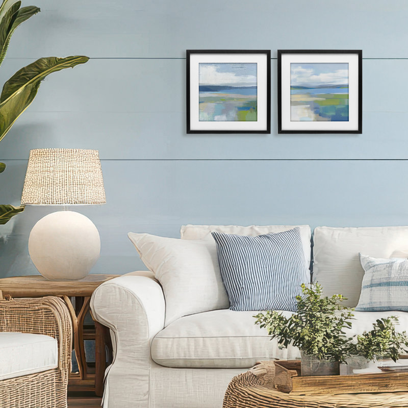 Brushed Quiet Cove Landscape 2pc Framed Print Under Glass Set, design by Mona Grace, 13" H x 13" W, Midnight Black Frame