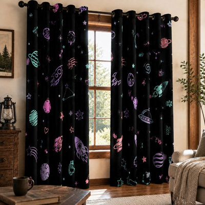 2Pcs Outer Space Theme Sun Blocking Curtains, Rocket and Planet Print Art, Room Darkening for Kids Bedroom Decoration for Home Dector