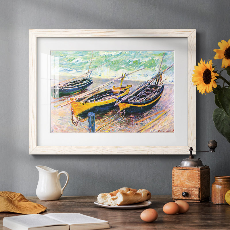 " Three Fishing Boats In Eretrat " by Claude Monet, 26" H x 38" W, White