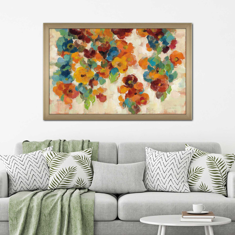 Épice et fleurs turquoise - Peinture, H 33,5 po x l 49,5 po x P 1 po, Encadrement champagne