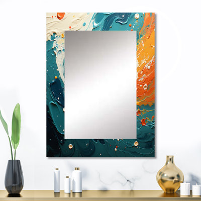 Mariage tourbillonnant d'ambre électrique et de bleu II - miroir décoratif à spirales abstraites, miroir mural doré, impression sur métal