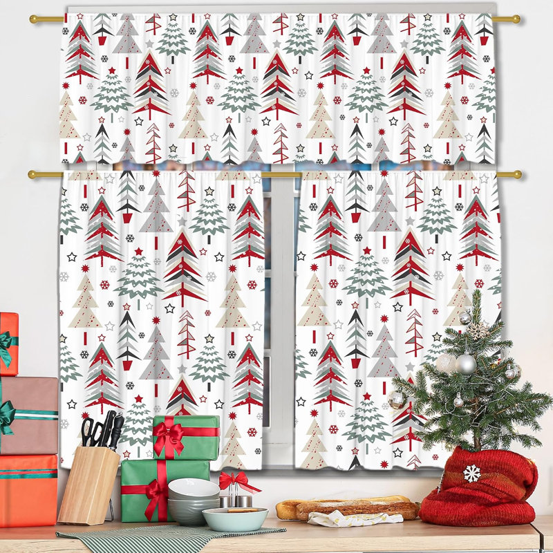 Rideaux de cuisine Joyeux Noël pour fenêtres, décorations de sapin de Noël, cantonnières, ensemble rideaux et cantonnières sapin d'hiver, décoration de Noël