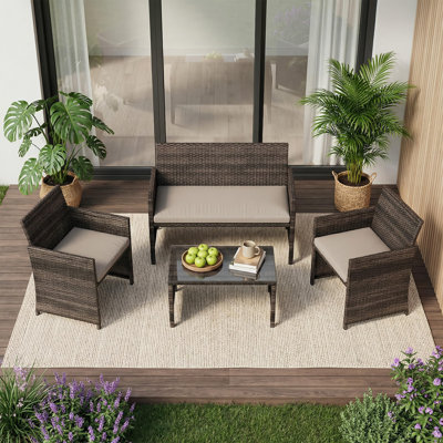 Ensemble de mobilier d'extérieur en osier 4 pièces, avec table basse et coussins de siège pour la cour, les sièges de véranda, pour la terrasse, le porche, la cour
