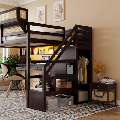 Full Size Loft Bed with Desk and Wardrobe, Wood Loft Bed with Charging Station & LED Light, Space Saving Design, Espresso