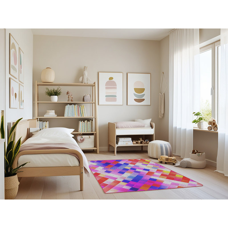 Tapis rose/bleu/rouge à motifs, Rectangle 4 pi x 6 pi