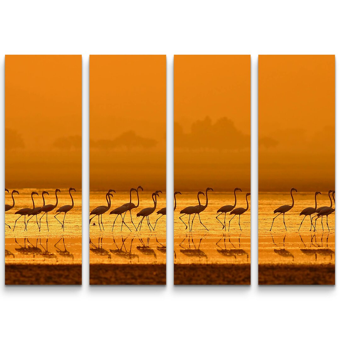 4-tlg. Leinwandbilder-Set Flamingos im Sonnenuntergang